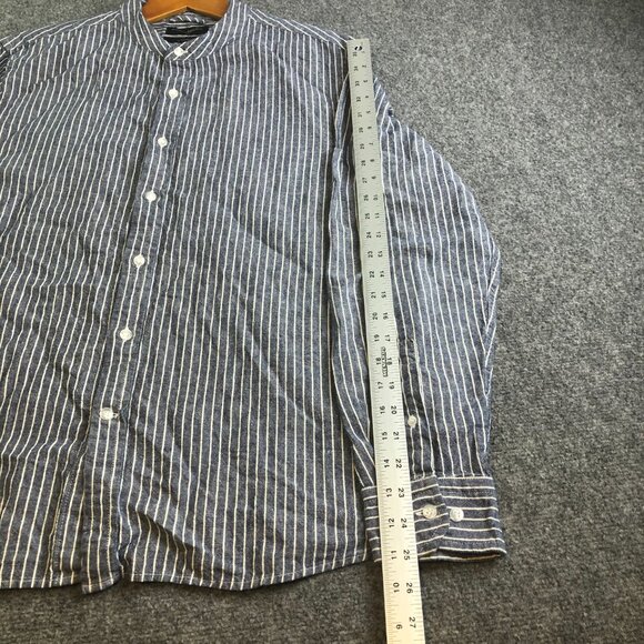 Banana Republic Shirt Mens Large Blue Button Linen Blend Stripe Band Collar - Picture 4 of 9